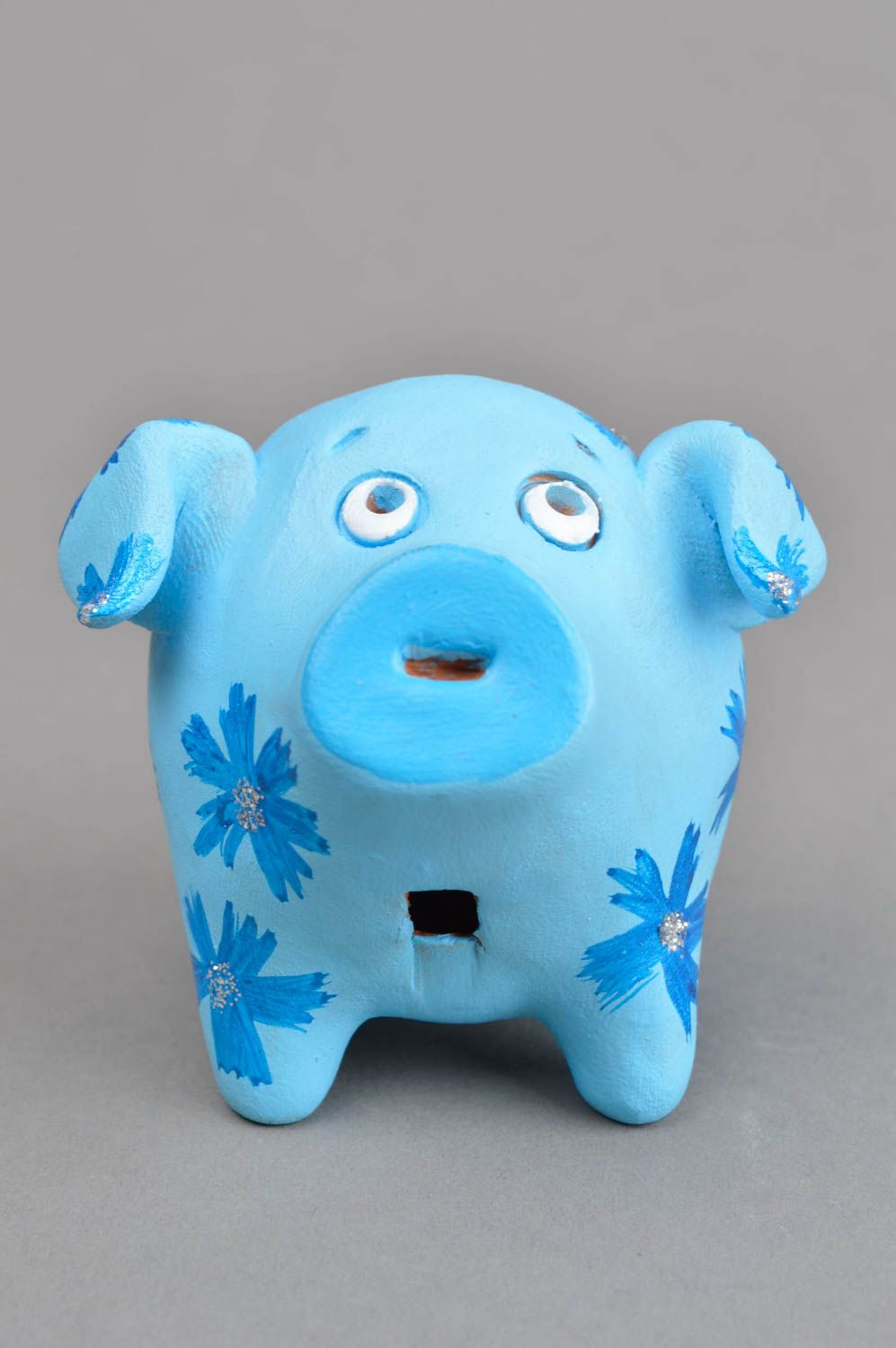 Sifflet en terre cuite fait main Sifflet original cochon bleu Cadeau pour enfant photo 2
