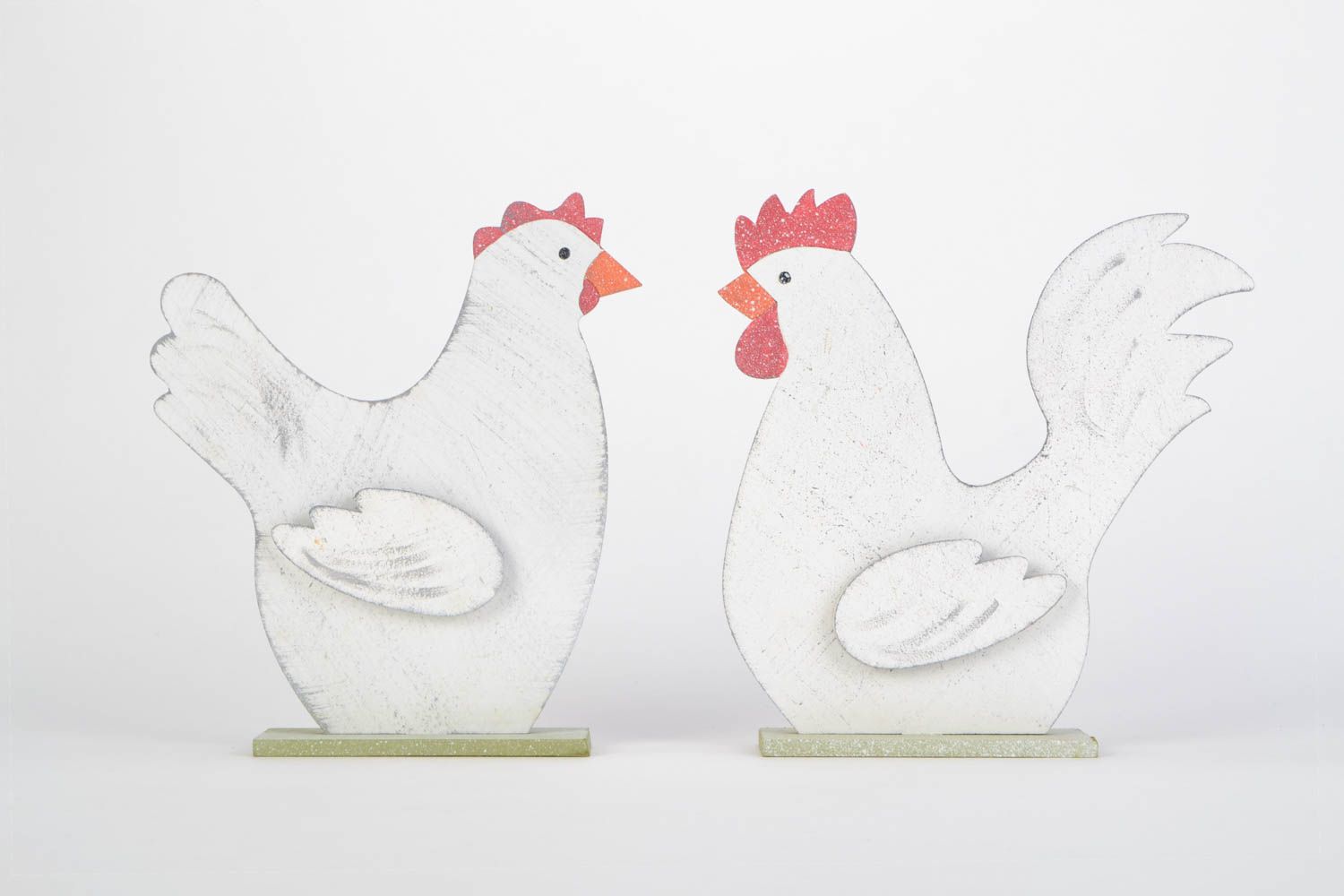 Set of handmade painted plywood desktop toys 2 pieces small hen and cock figurines photo 1