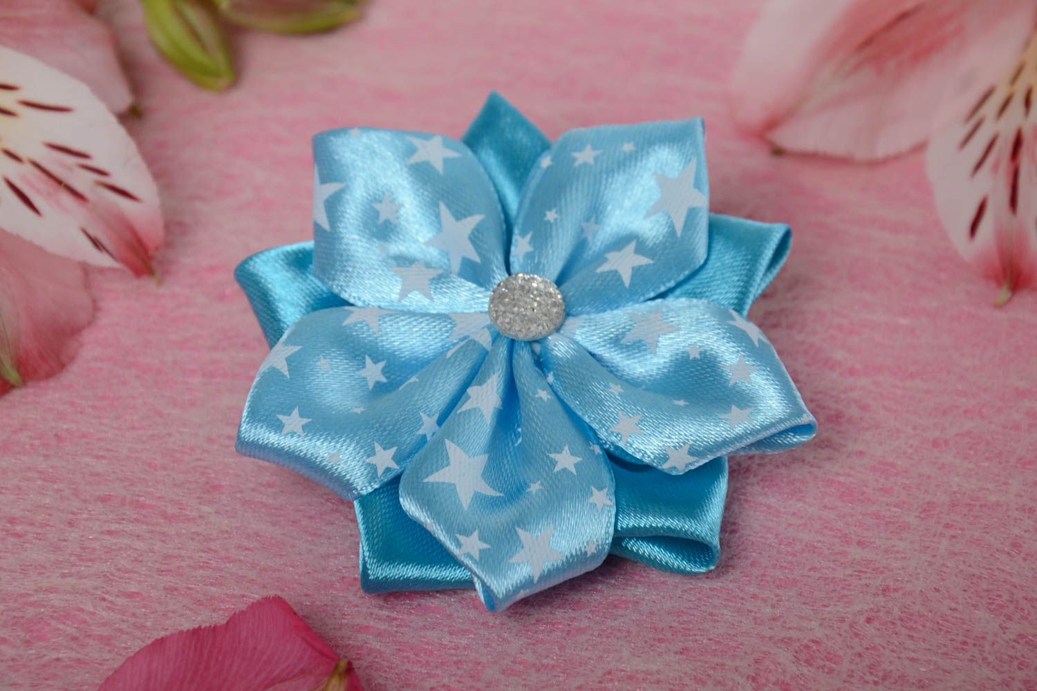 Handmade blue puffy hair clip with a flower of satin ribbons  for kids photo 1