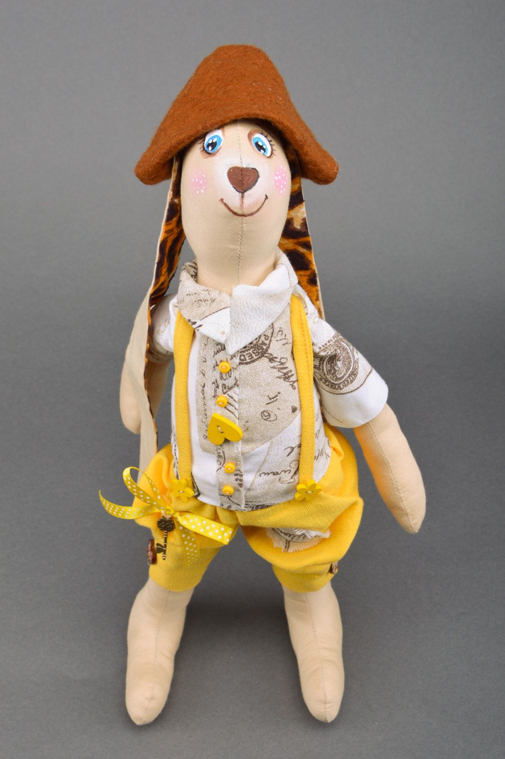 Handmade designer toy sewn of tapestry fabric Rabbit in yellow trousers photo 2