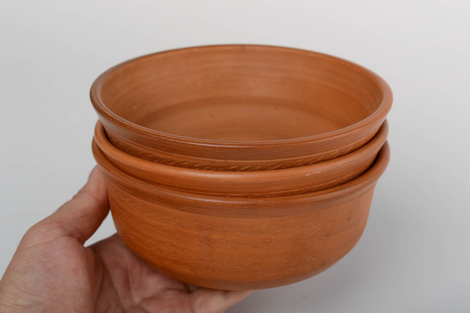 Set of 3 handmade designer terracotta clay bowls for first courses 600 ml photo 5