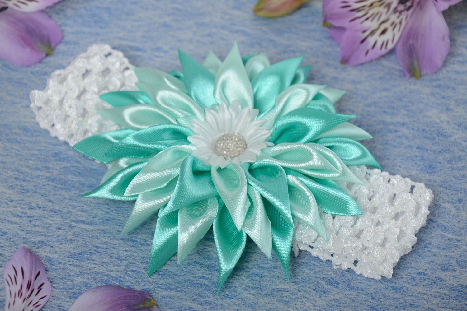 Children's handmade designer light colored headband with satin flower photo 1