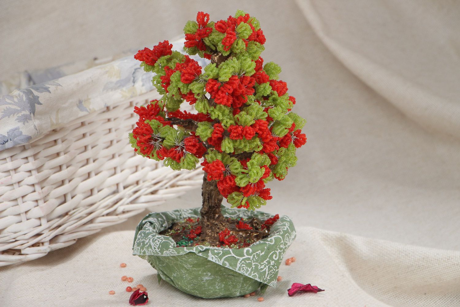Handmade decorative interior tree woven of colorful beads in ceramic pot  photo 1