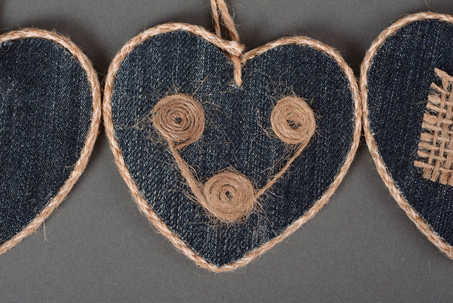 Coeurs à suspendre fait main Accessoires design Déco maison jean bois ficelle photo 2