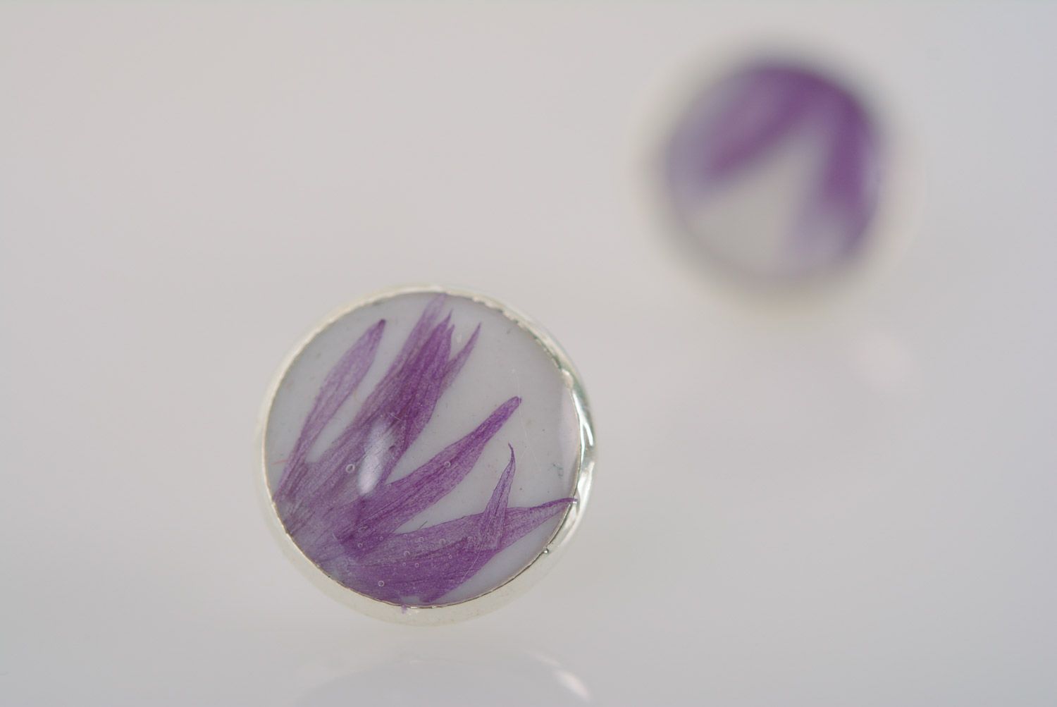 Small tender blue stud earrings with dried flowers in epoxy resin homemade photo 5