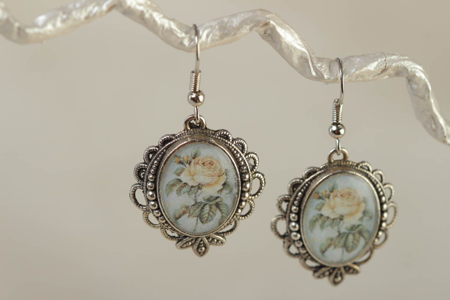 Beautiful handmade earrings made of glass glaze in vintage style with flowers photo 1