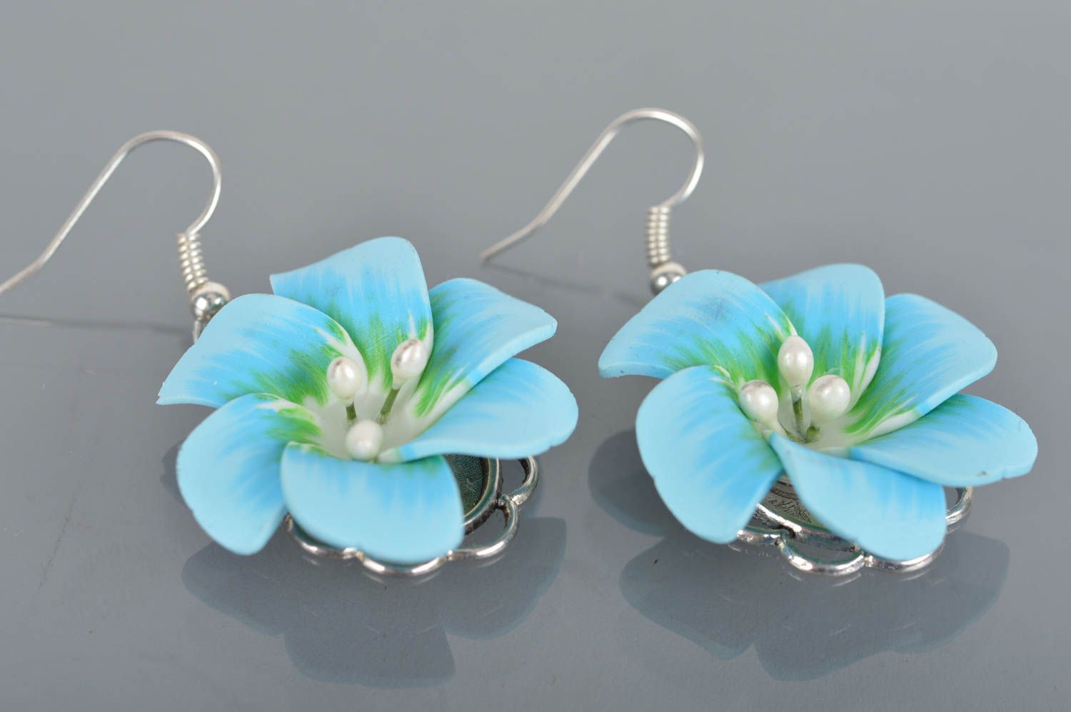 Beautiful homemade designer polymer clay flower earrings of gentle blue color photo 2
