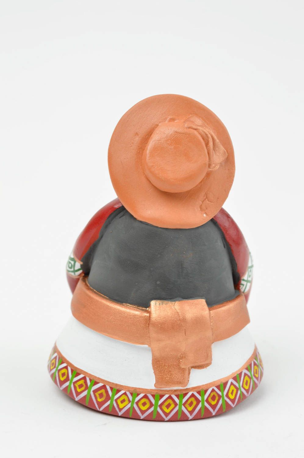 Оригинальный колокольчик ручной работы из глины с росписью Пасечник в бордовом фото 3