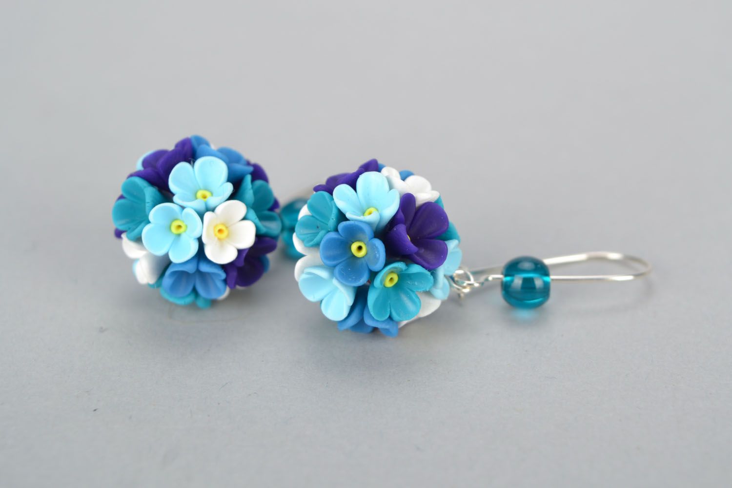 Bright polymer clay earrings Blue Bouquet photo 3