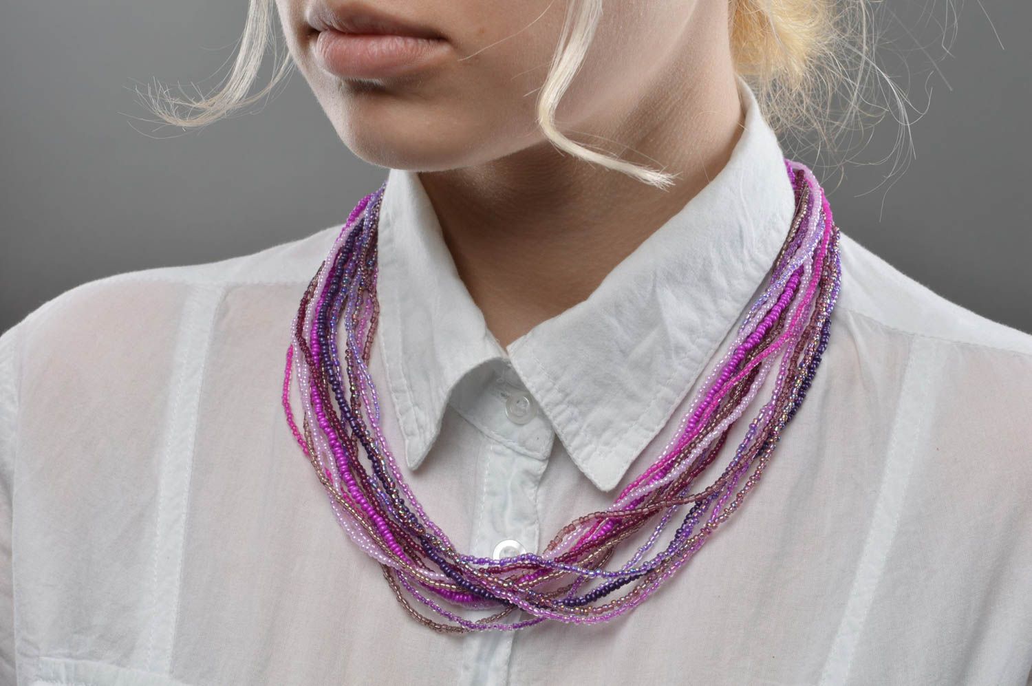 Designer Halskette aus Glasperlen mehrreihig in Lila Collier handmade schön foto 5