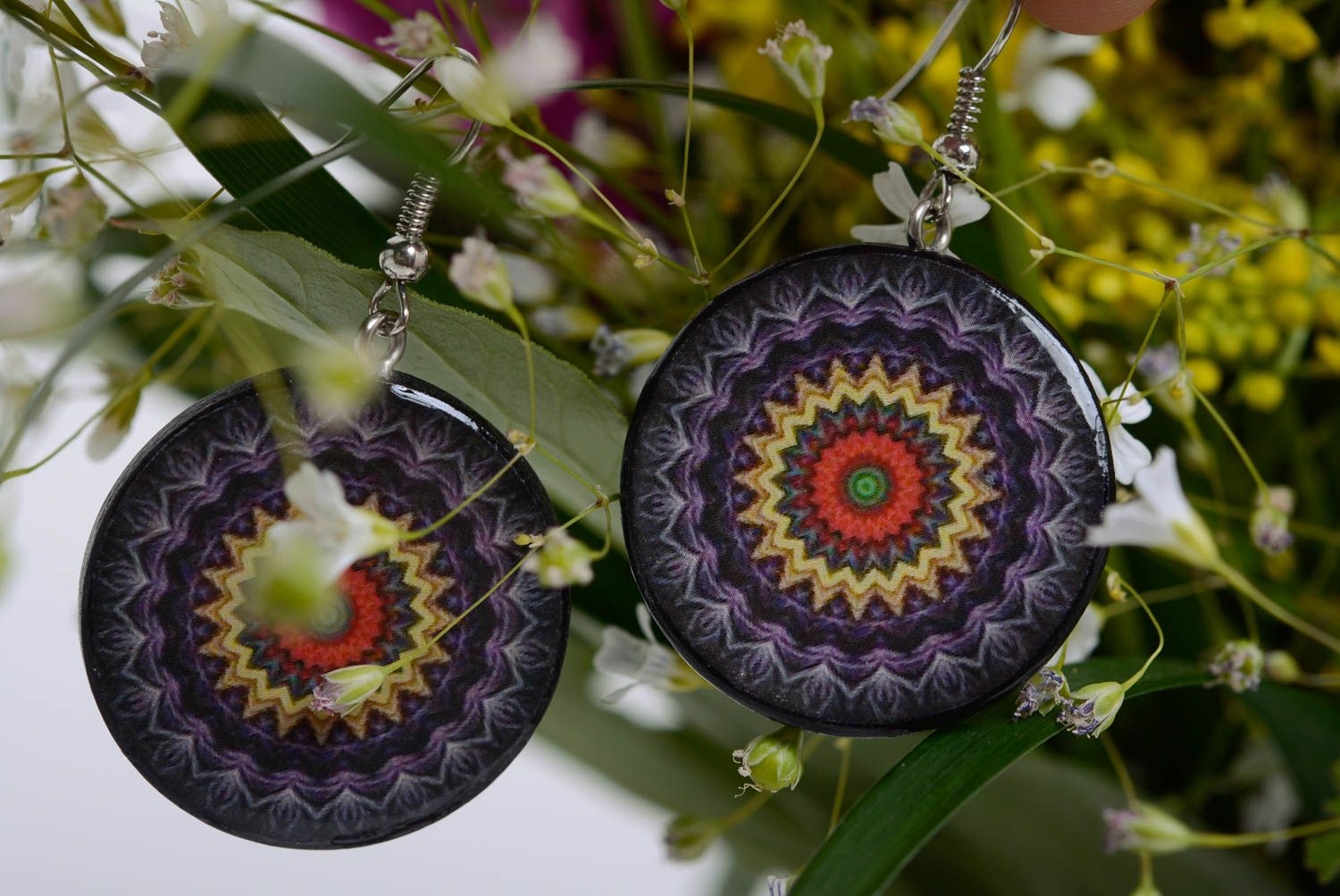 Earrings made of polymer clay with decoupage handmade round purple jewelry photo 1