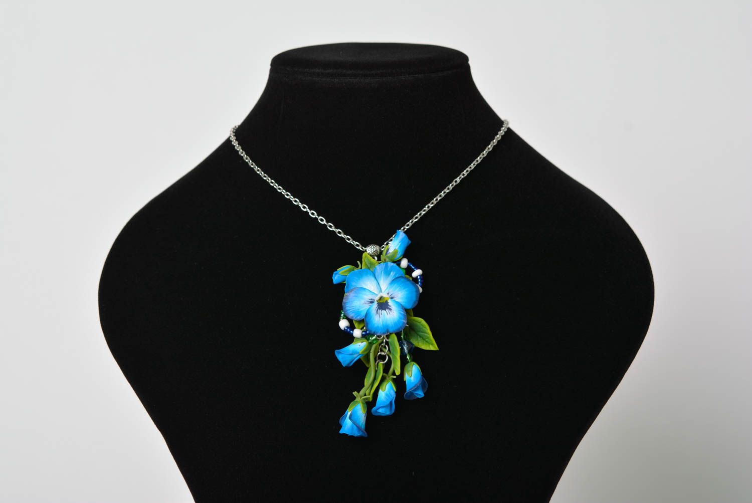 Handmade designer blue floral polymer clay pendant on metal chain photo 2