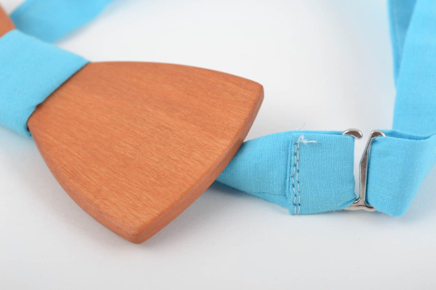 Handmade designer wooden bow tie with light blue fabric strap photo 2