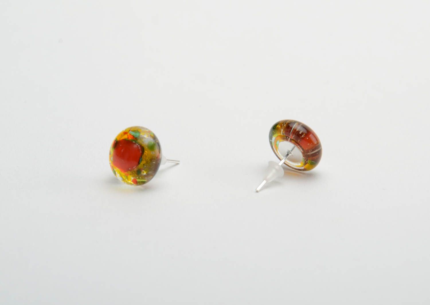 Small stud earrings of round shape glass fusing technique handmade accessory photo 3