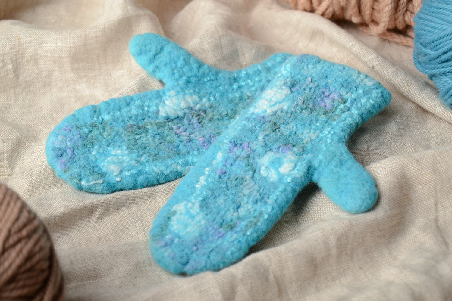 Blue felted wool mittens photo 1