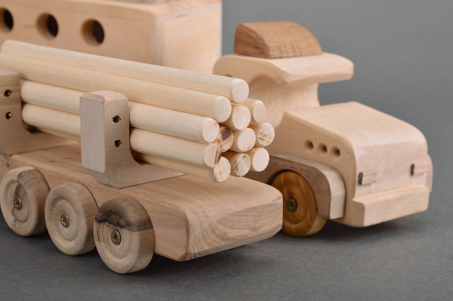 Handmade children's wooden toy cars set 2 pieces trucks with trailer photo 4