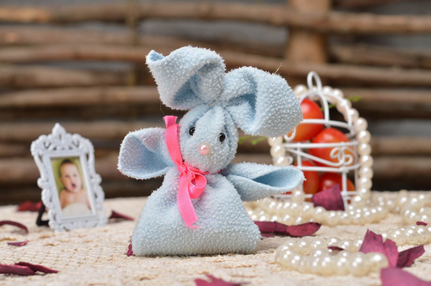 Handmade cute finger toy blue rabbit made of fleece for kids and parents  photo 1