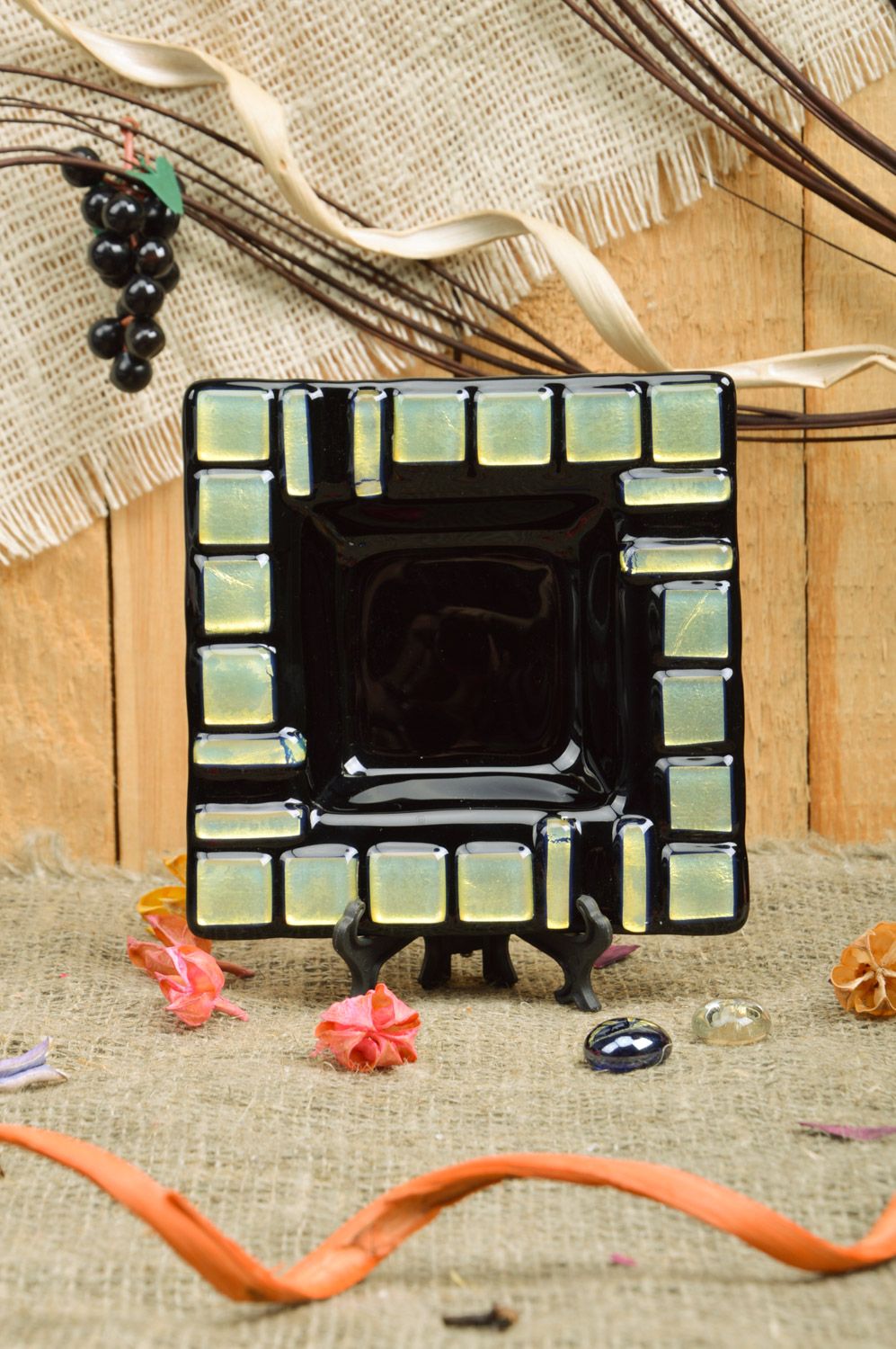 Handmade decorative fused glass square ashtray with beige inserts interior decor photo 1