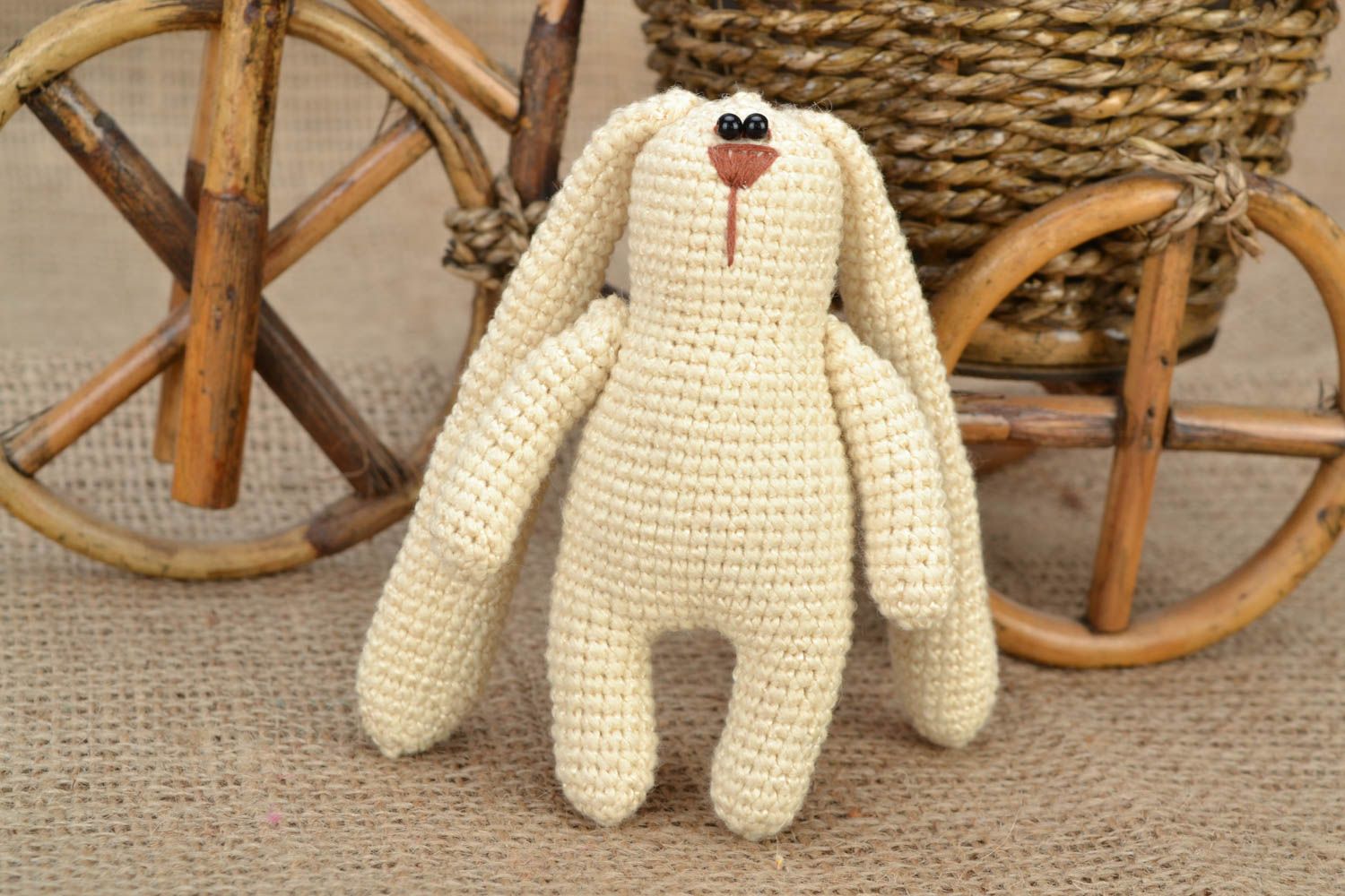 Beige nice handmade crochet soft toy hare with long ears  photo 1