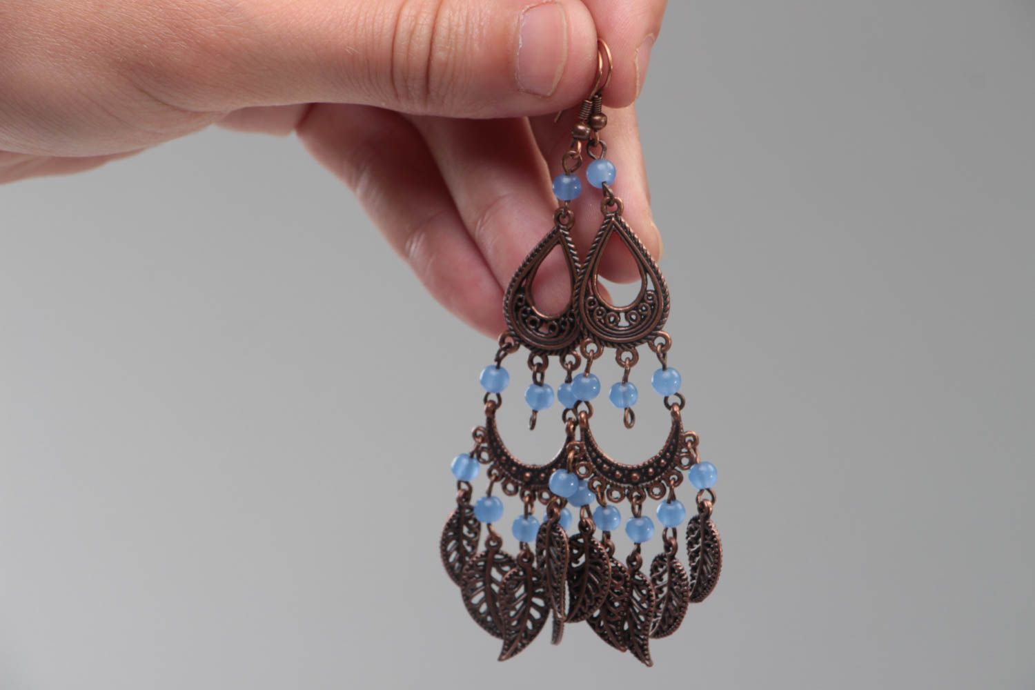 Handmade long earrings massive blue accessories jewelry made of glass beads photo 5