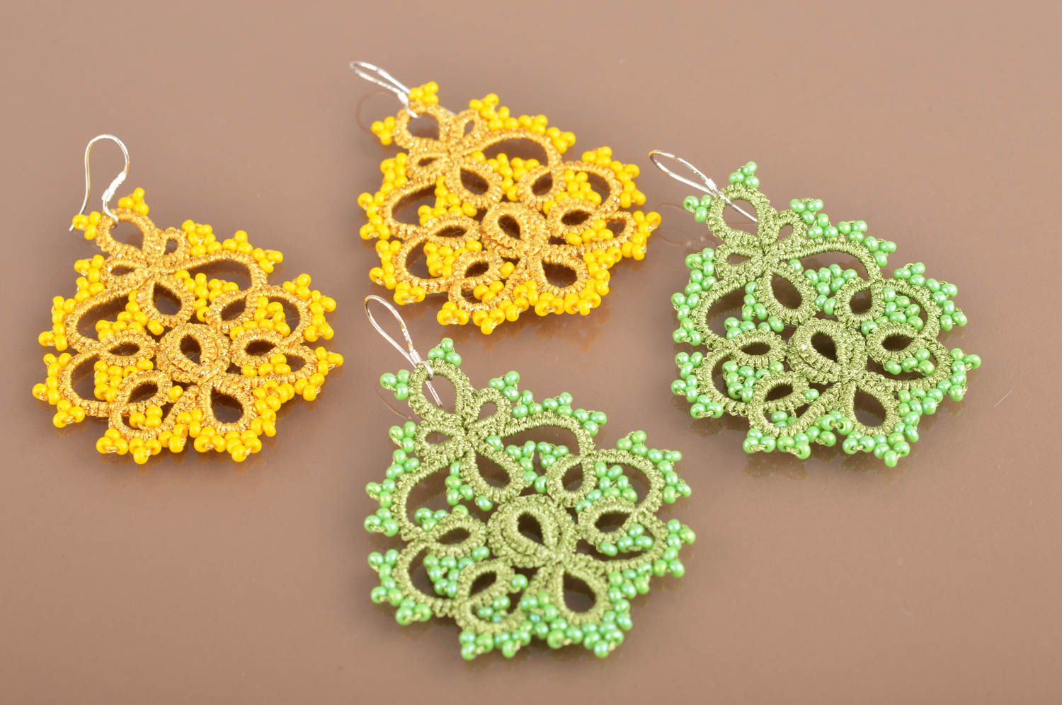 Set of 2 pairs of handmade designer lace drop tatted earrings yellow and green photo 2