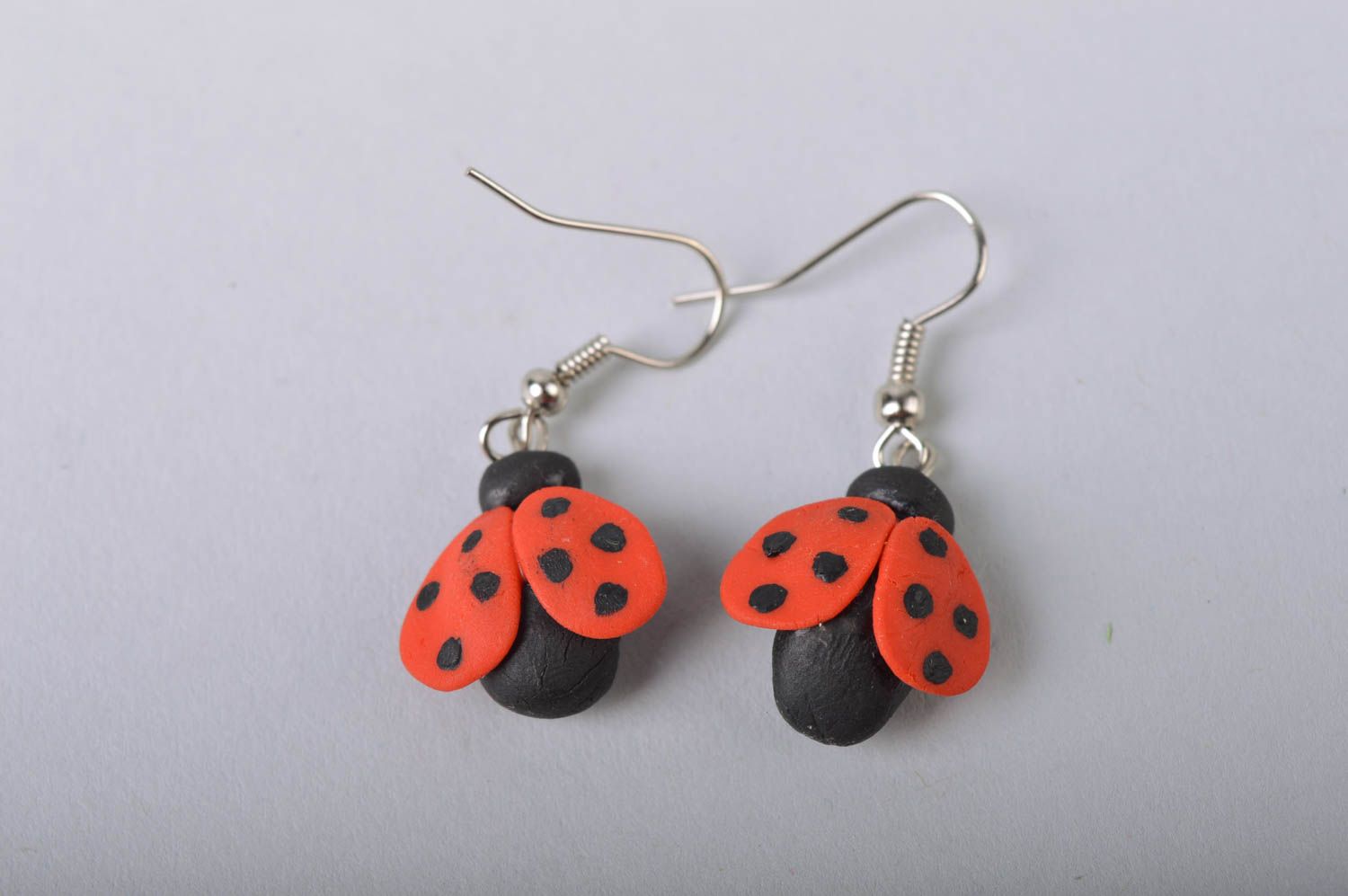 Handmade designer cute dangle earrings with cold porcelain ladybugs  photo 2