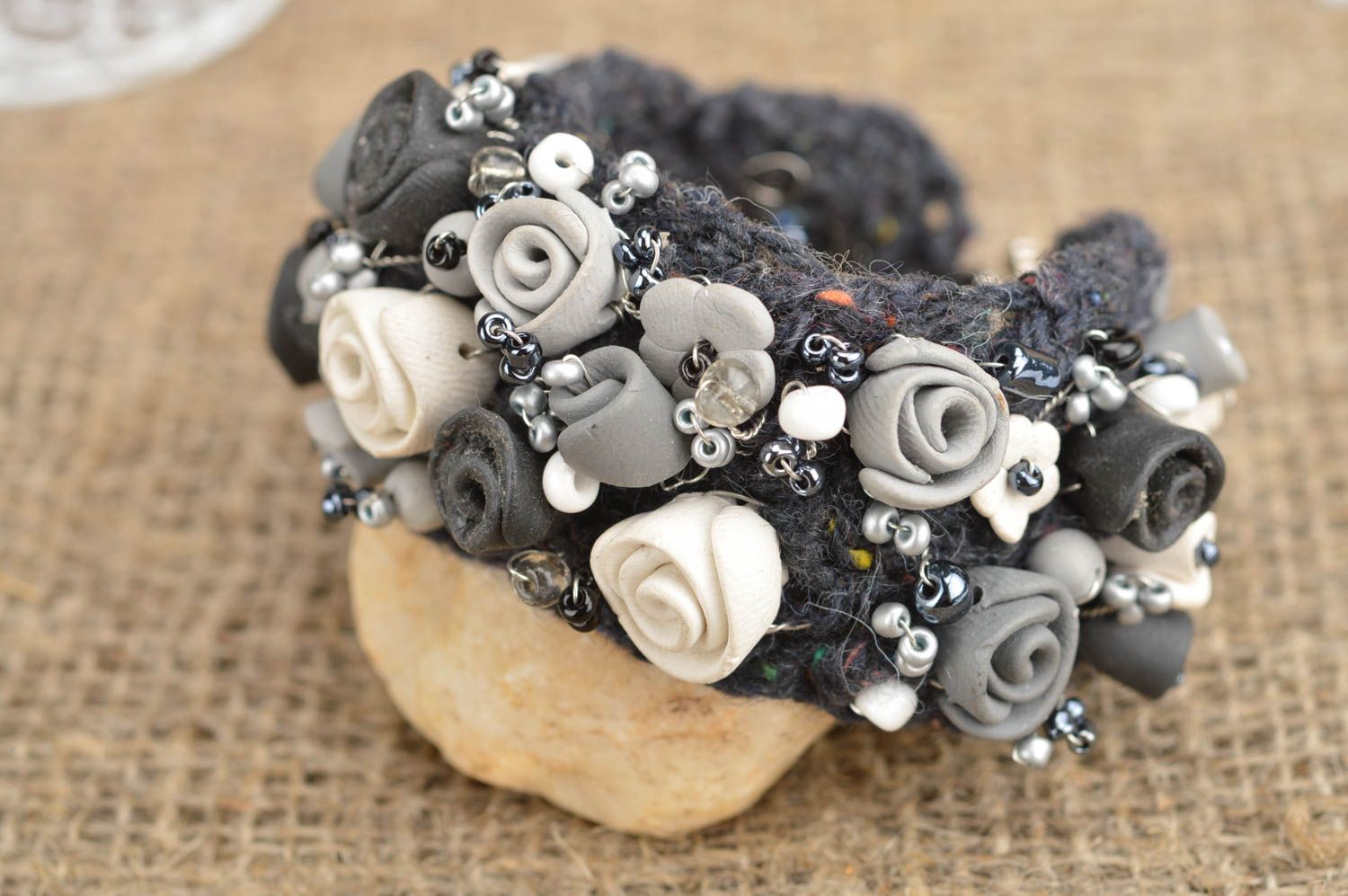 Handmade bracelet based on fabric decorated with gray roses made of polymer clay photo 1