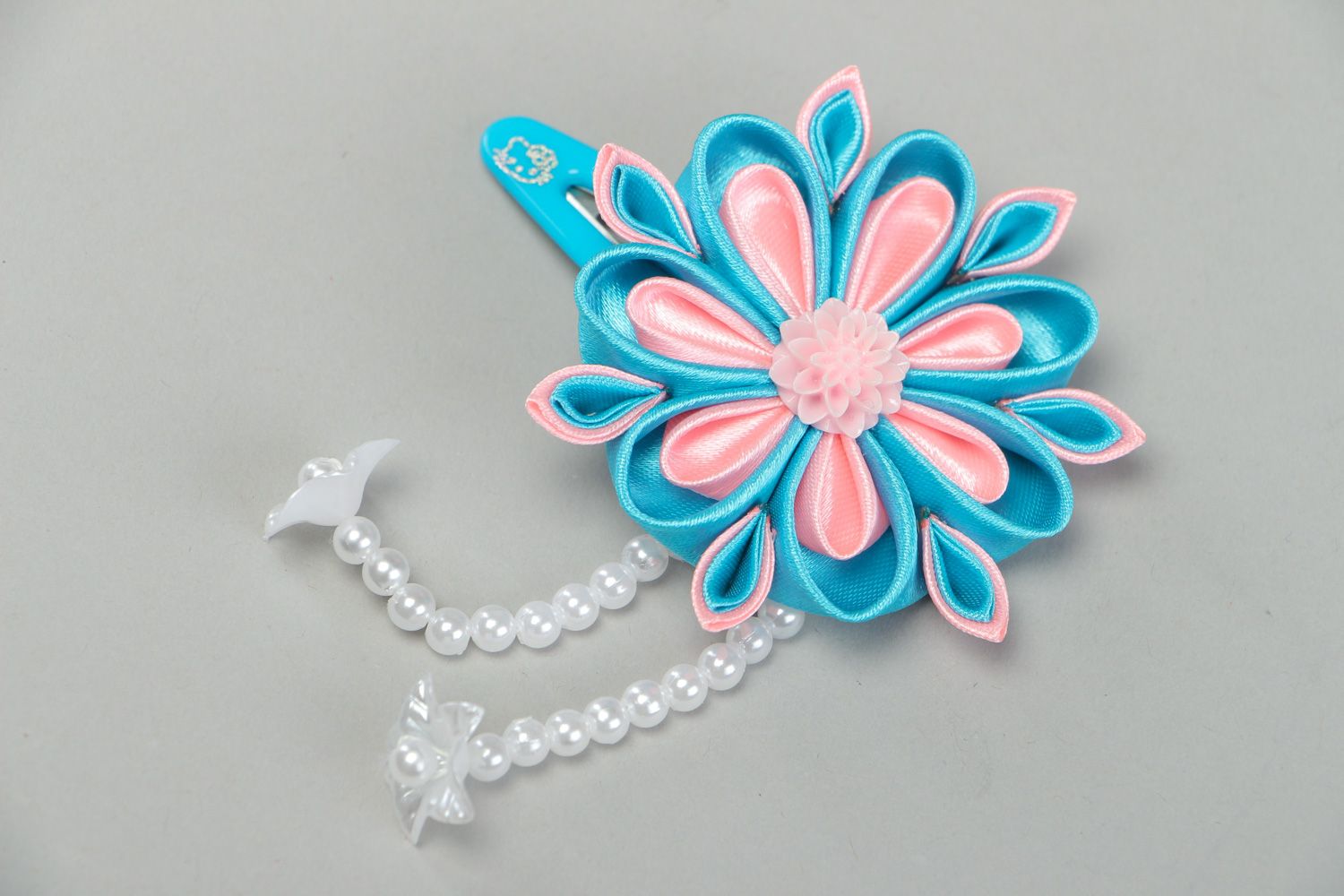 Tender handmade hair clip with pink and blue satin kanzashi flower with beads photo 1