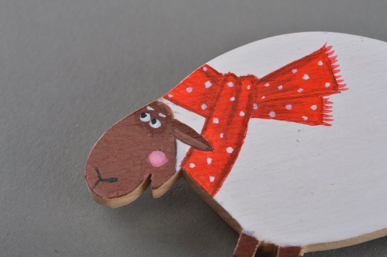 Handmade designer painted wooden funny animal brooch white lamb with red scarf photo 3