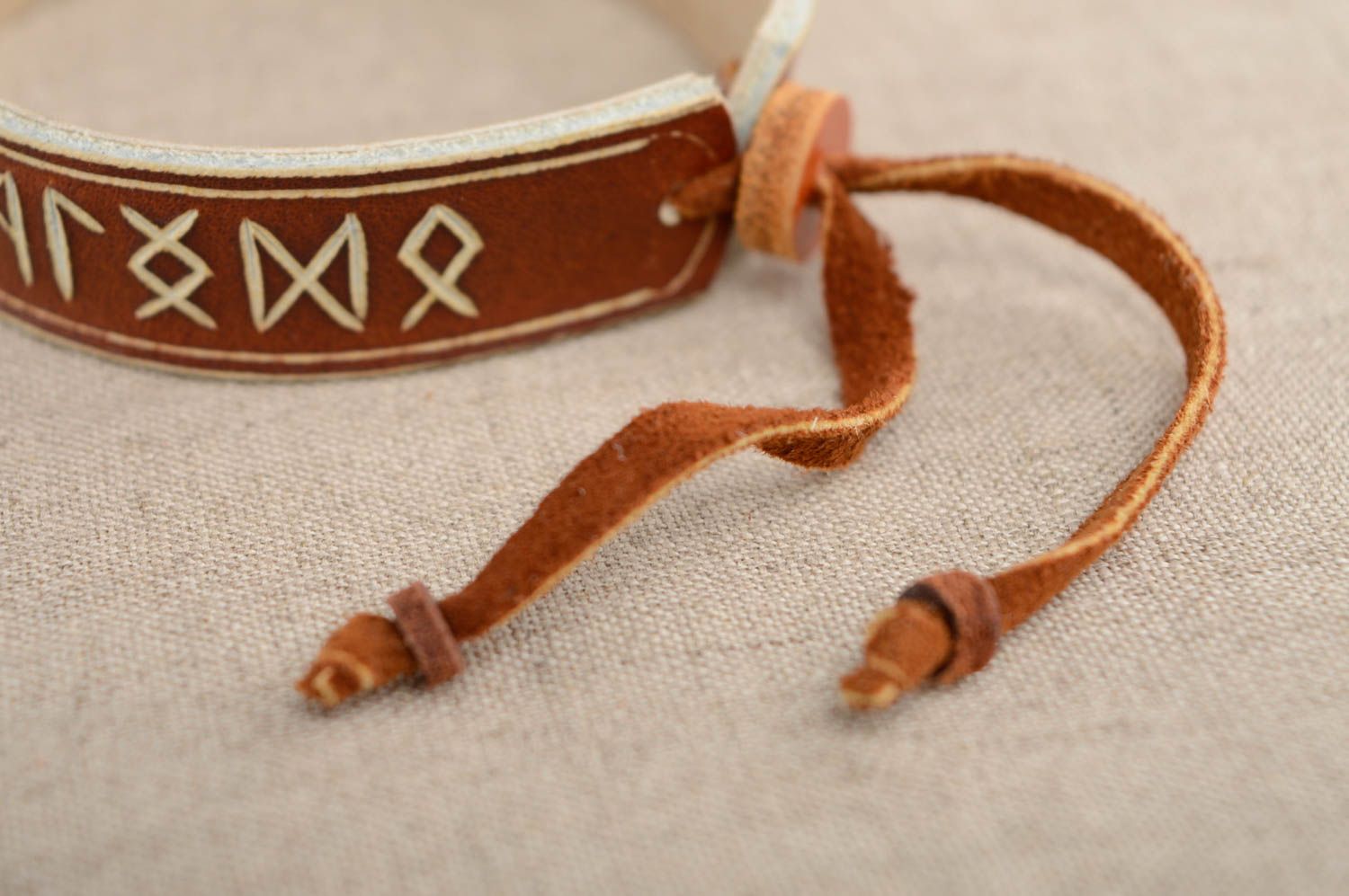 Genuine leather wrist bracelet with runes photo 3