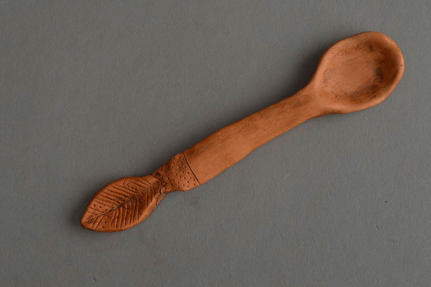 Handmade brown spoon unusual ceramic utensils stylish kitchenware made of clay photo 2