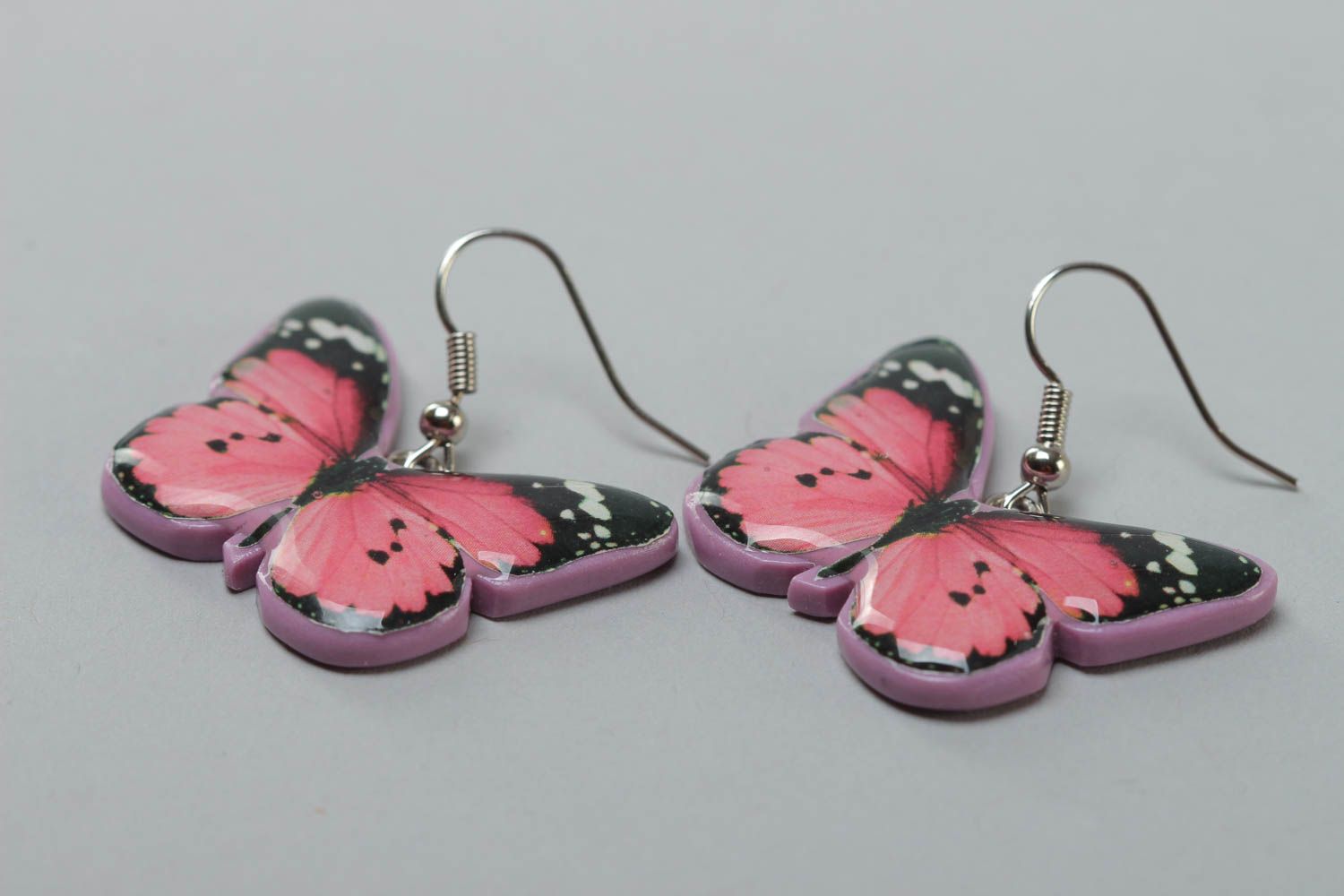A set of handcrafted vintage earrings made of polymer clay and glass glaze with butterflies photo 3
