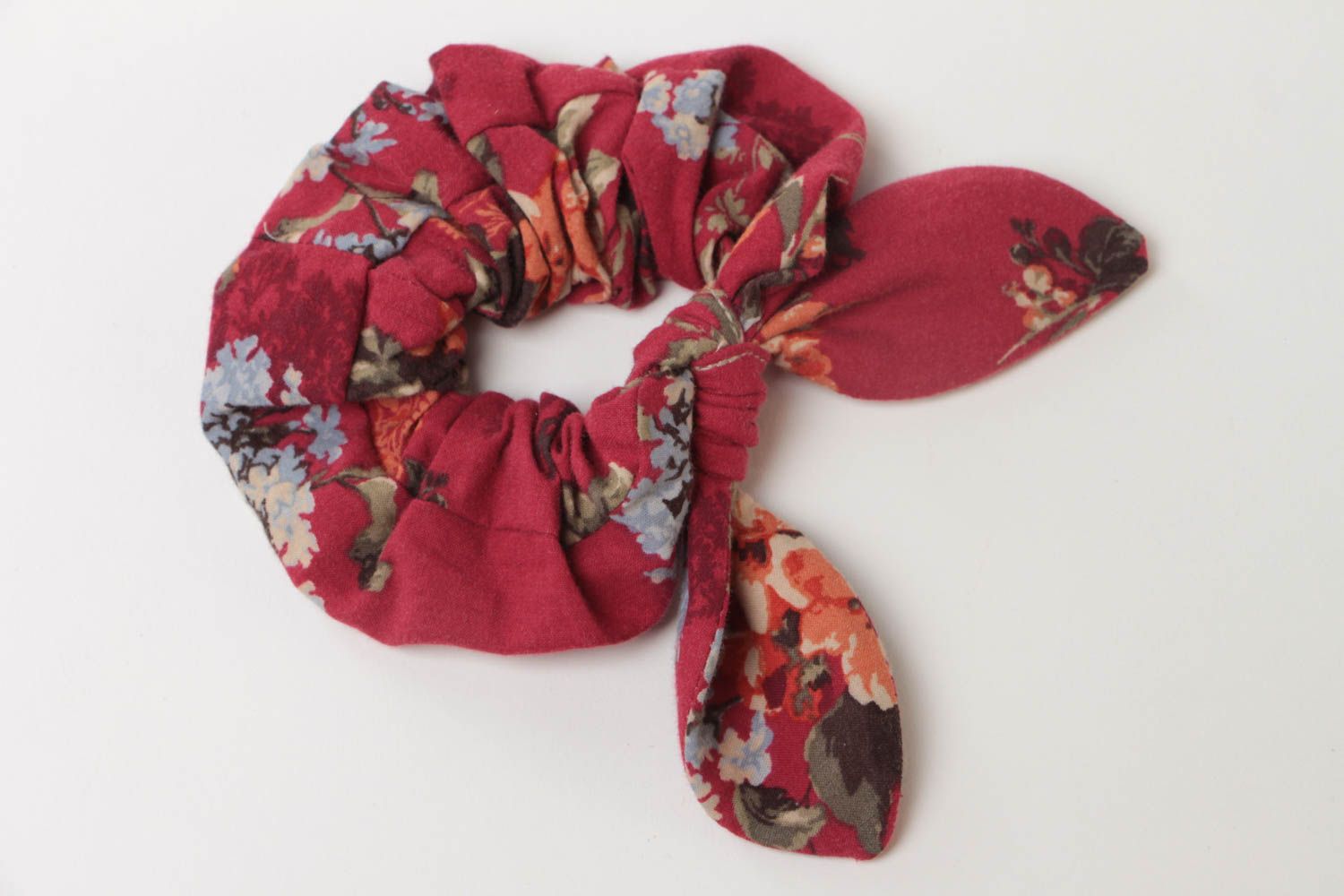 Handmade volume dark red cotton fabric hair tie with floral pattern with bow photo 2