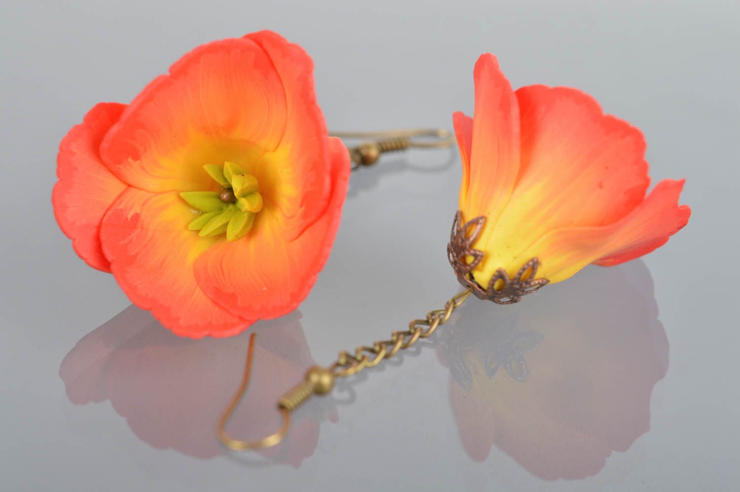Polymer clay handmade designer long earrings with orange flowers summer jewelry photo 5