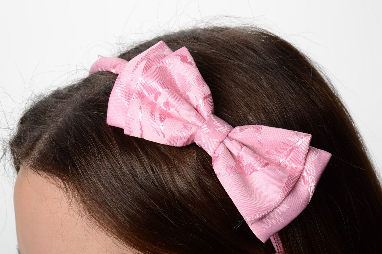 Handmade cute pink silk headband on plastic basis with coquettish bow for girls photo 1