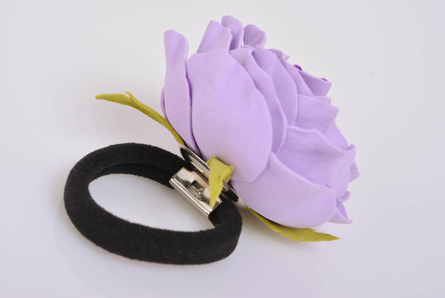 Handmade decorative hair tie with foamiran rose flower of tender violet color photo 5