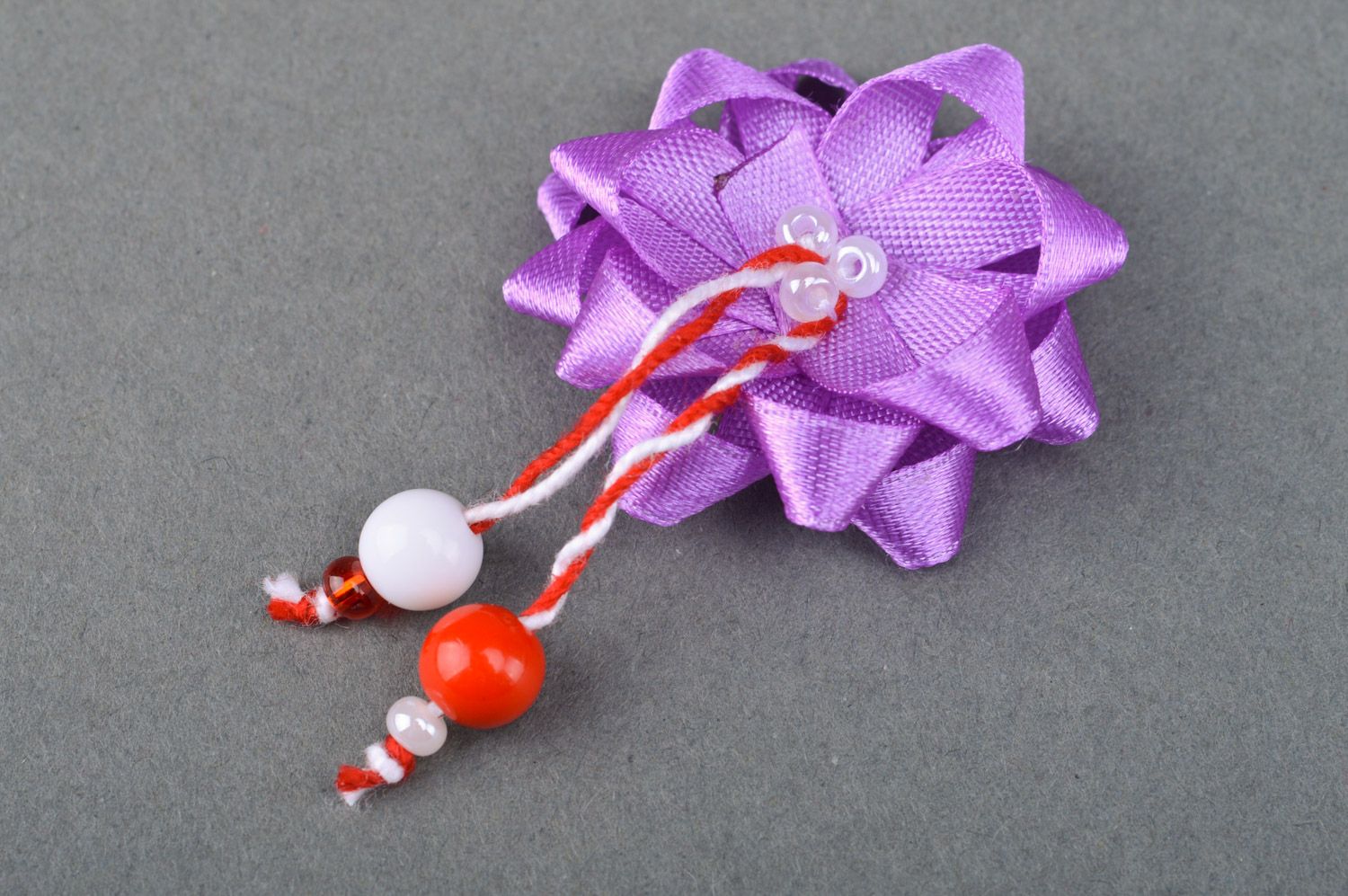 Handmade decorative hair pin with violet satin ribbon flower with beads photo 2