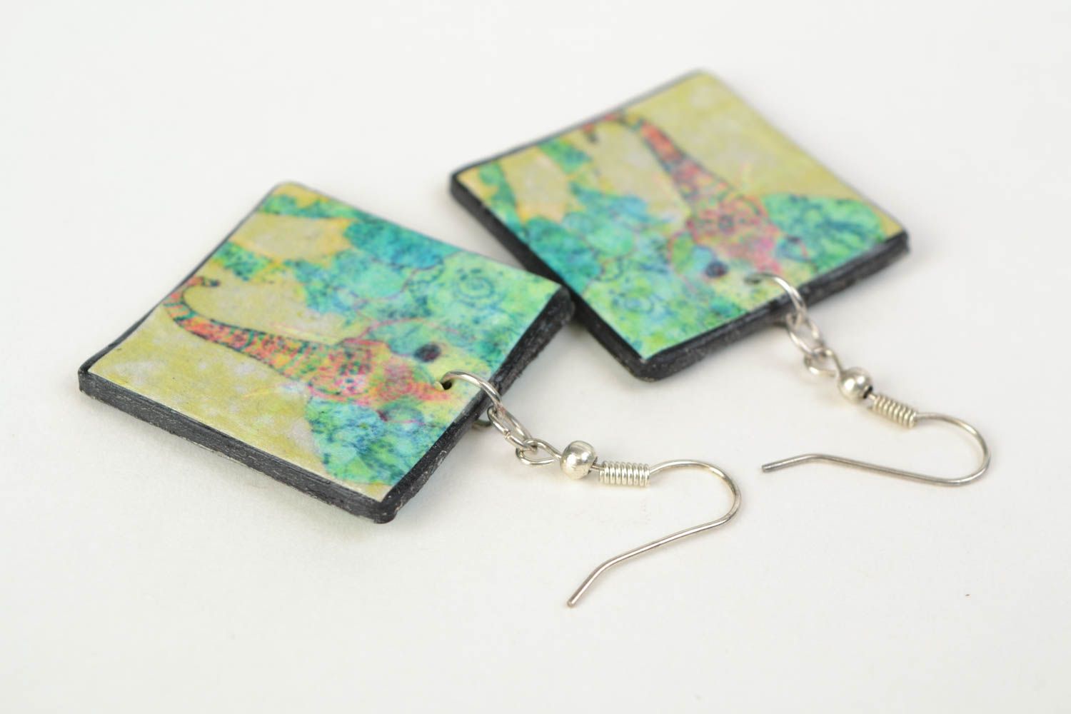 Beautiful bright designer handmade plastic square earrings with decoupage Gardens photo 4