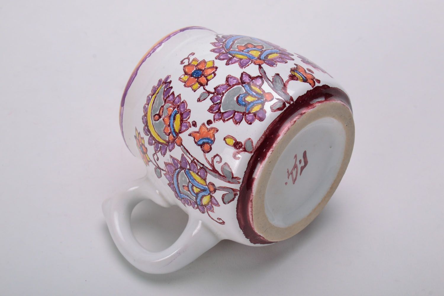 Ceramic coffee cup glazed in white and cherry color with flower pattern and handle photo 4