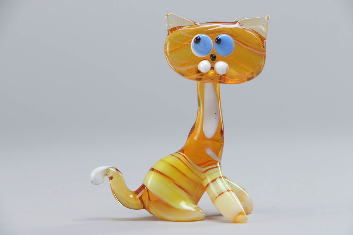 Handmade collectible lampwork glass miniature animal figurine of yellow cat photo 2