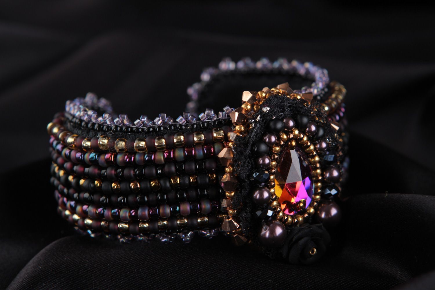 Elegant handmade wrist bracelet embroidered with beads and crystals for ladies photo 5