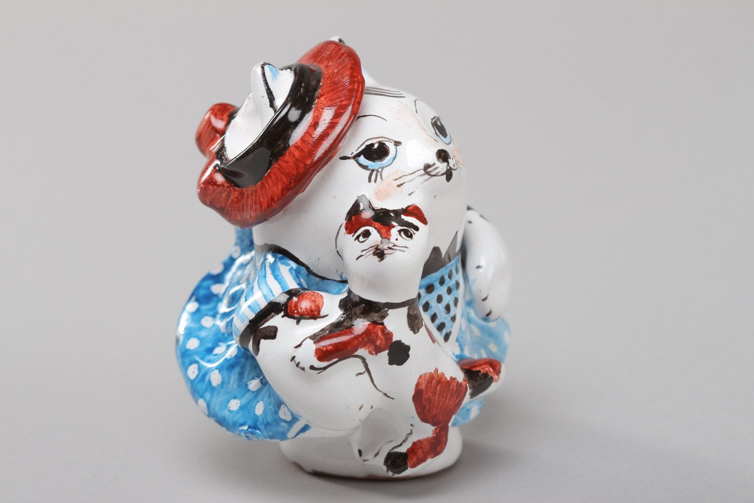 Unusual painted handmade ceramic statuette in the shape of kitty photo 2