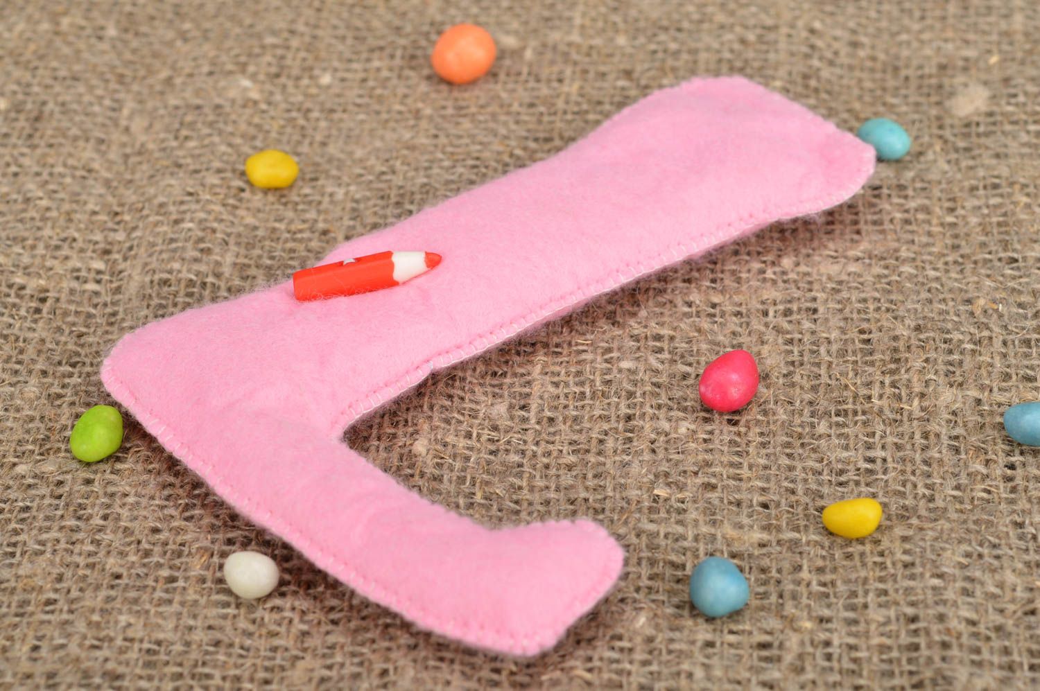 Handmade unusual pink letter L made of felt for decor with small pencil photo 1