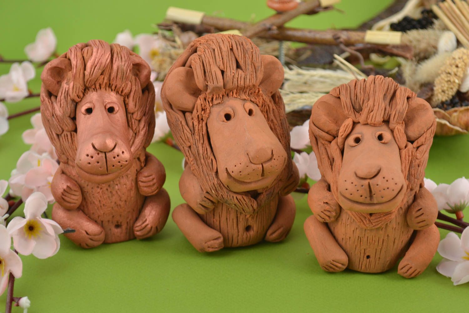 Figurines animaux 3 Petites statuettes fait main lions en argile Déco intérieur photo 1