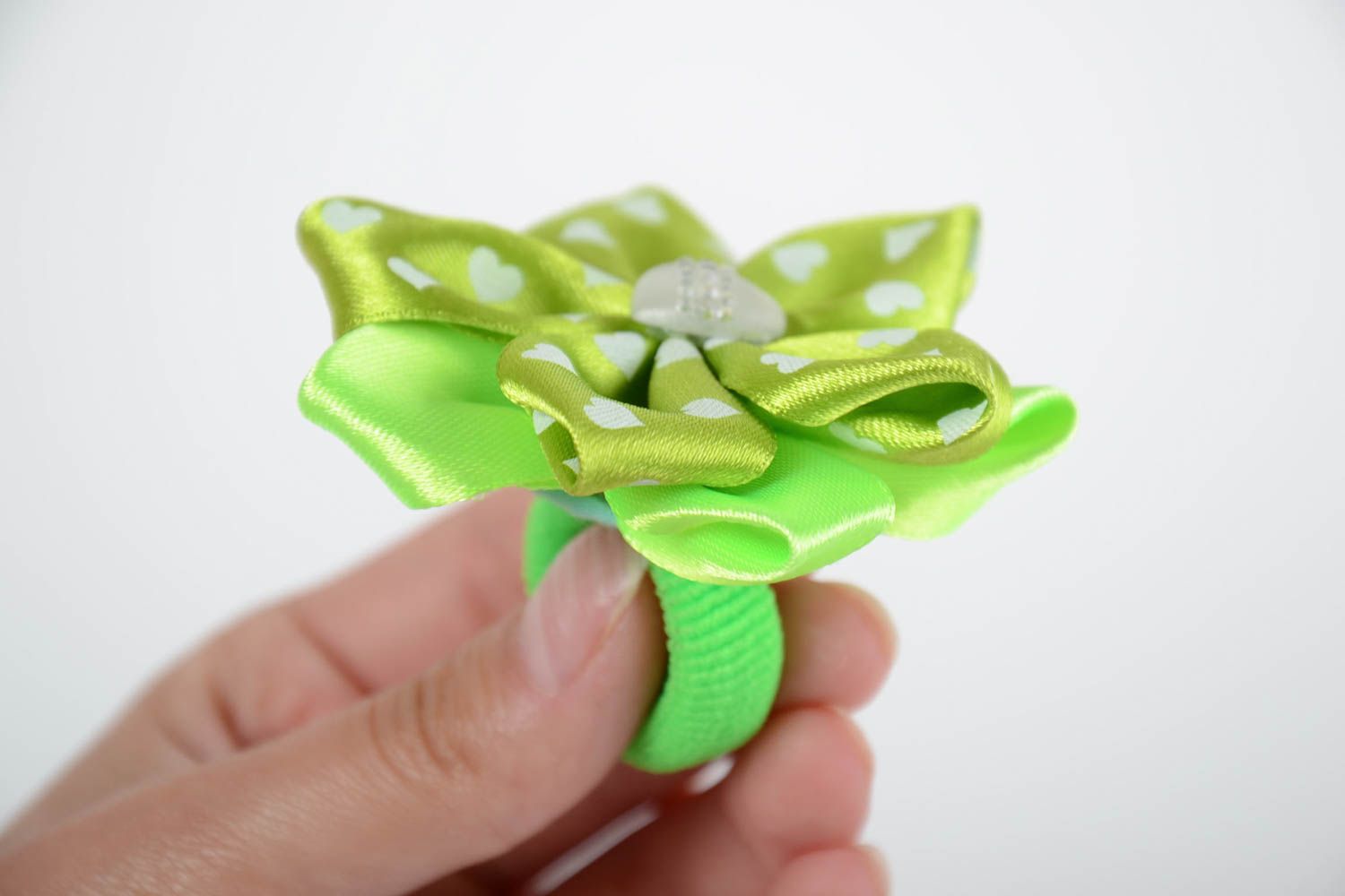 Small bright handmade designer children's textile flower hair tie of lime color photo 5