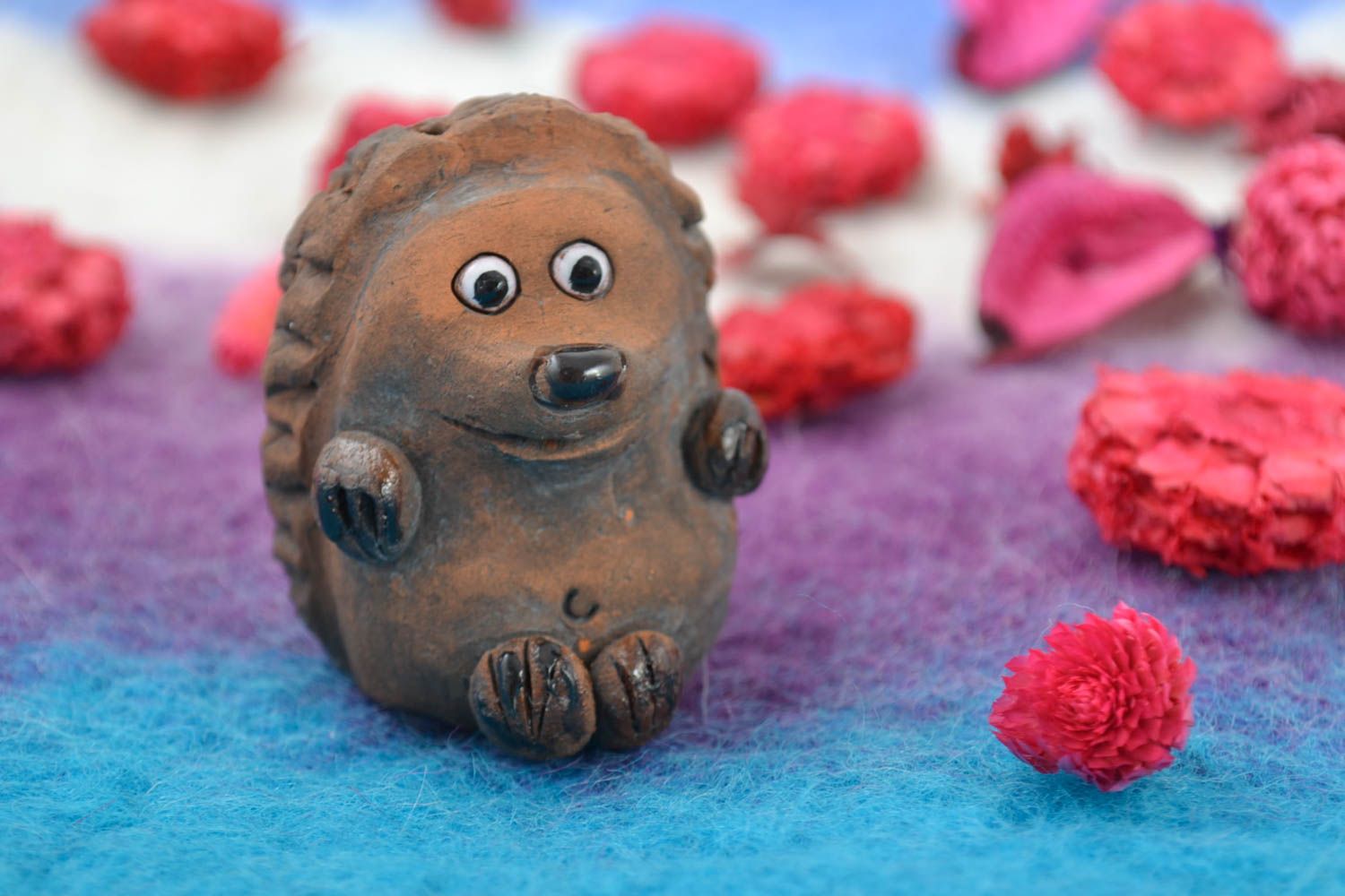 Handmade ceramic statuette small brown with painting Hedgehog photo 1