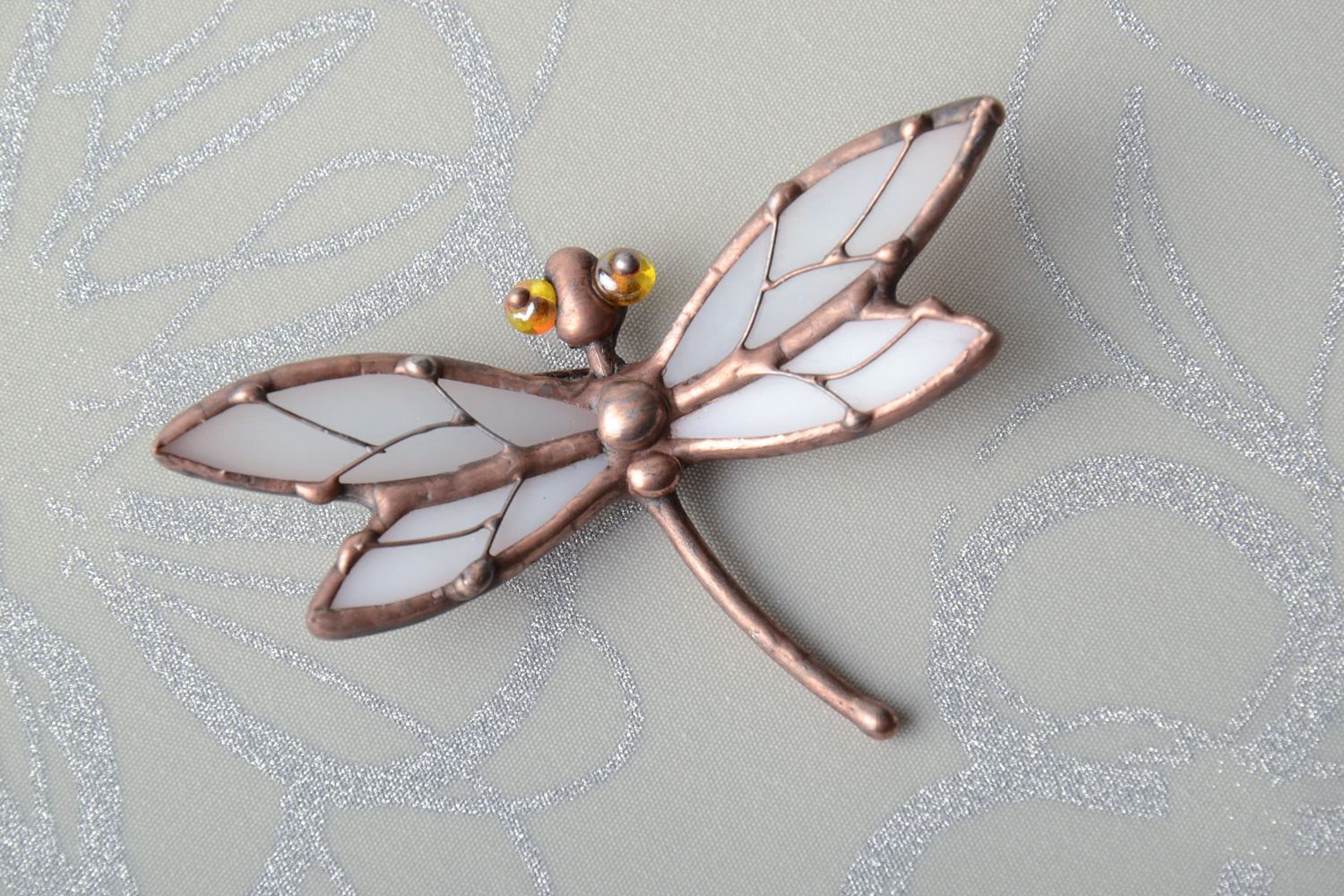 Stained glass brooch in the shape of white dragonfly photo 1