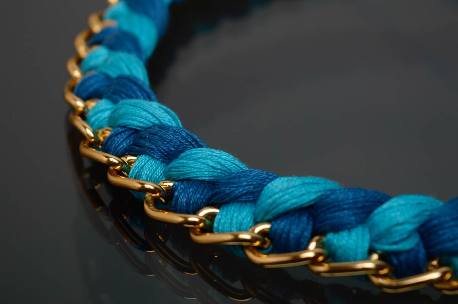 Blue textile necklace made of moulin threads and chain photo 4