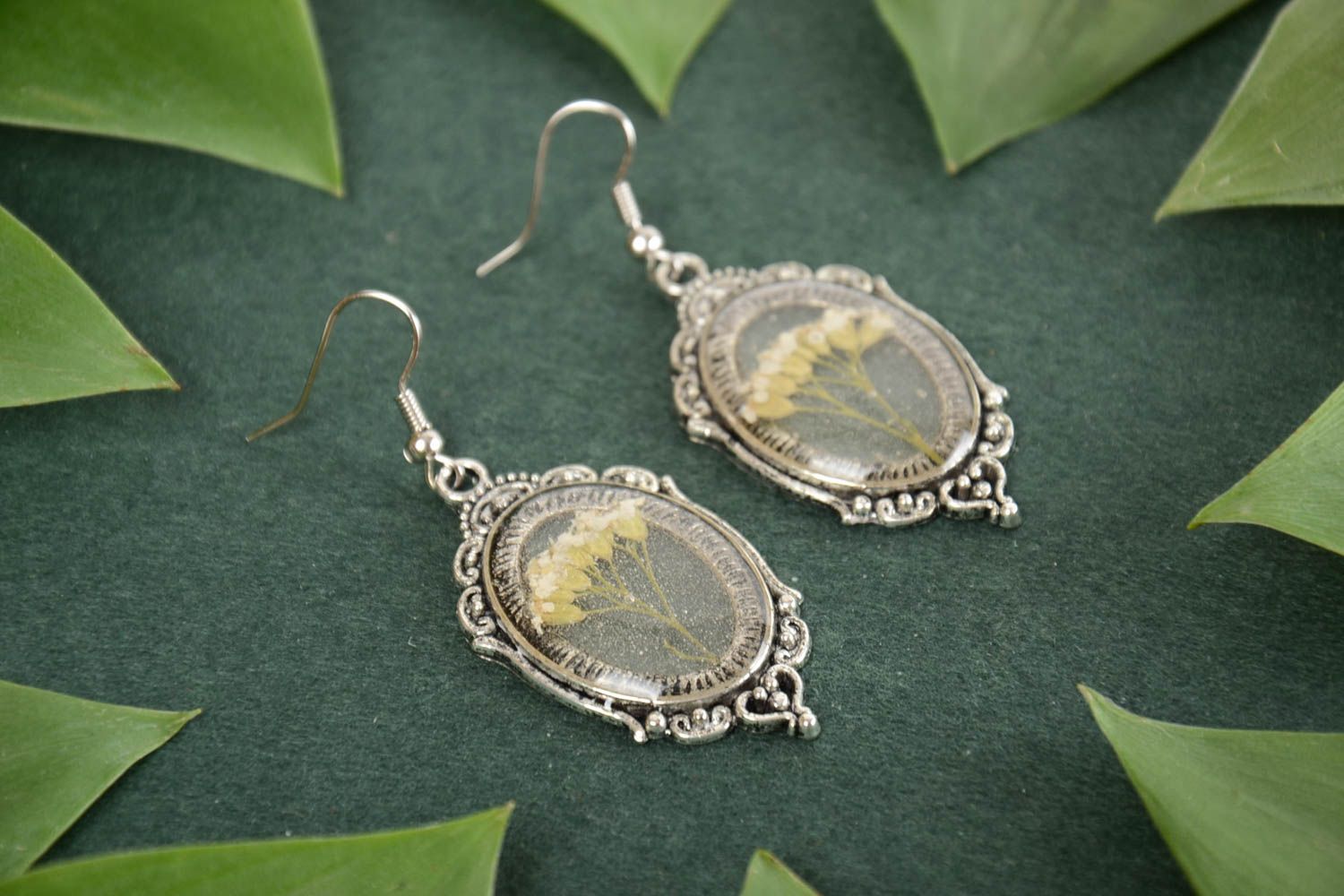 Beautiful women's handmade vintage earrings with dried flowers and epoxy photo 1