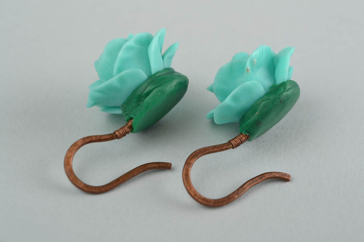 Unusual handmade designer polymer clay flower earrings for girls Blue Roses photo 4